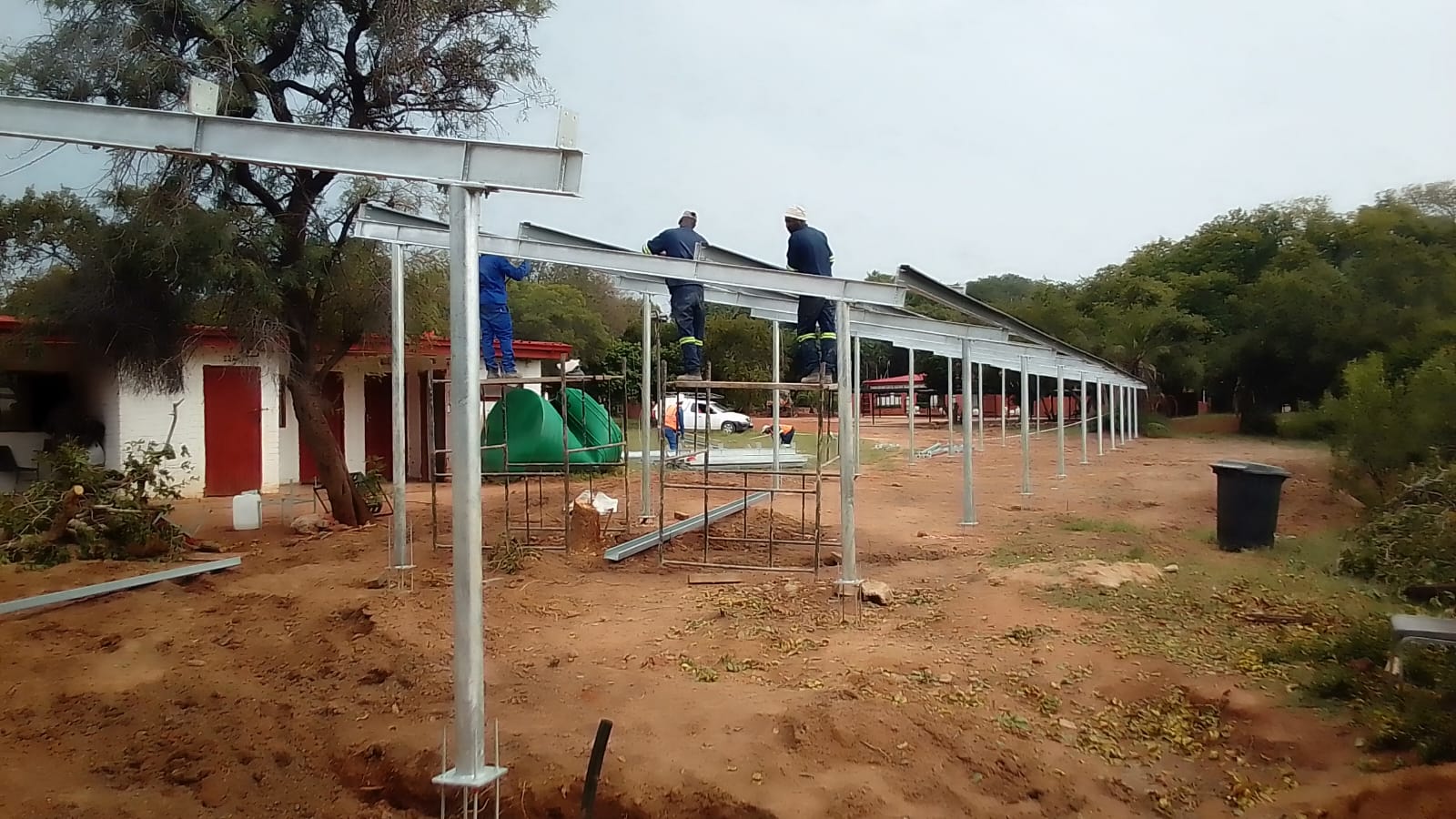 Solar carport structure with mounting rails installed