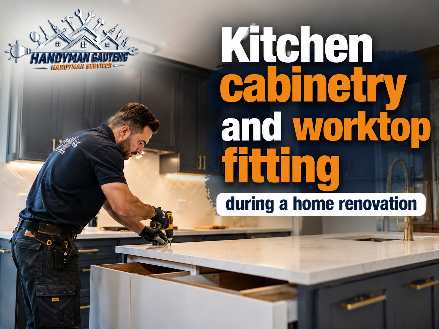 Illustrative kitchen cabinetry and worktop fitting image